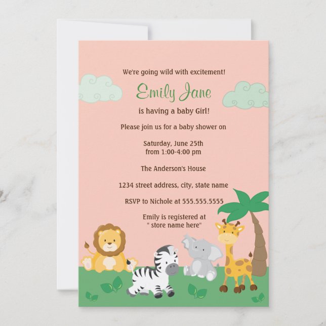 Safari Jungle Baby Girl Shower Invitation (Front)