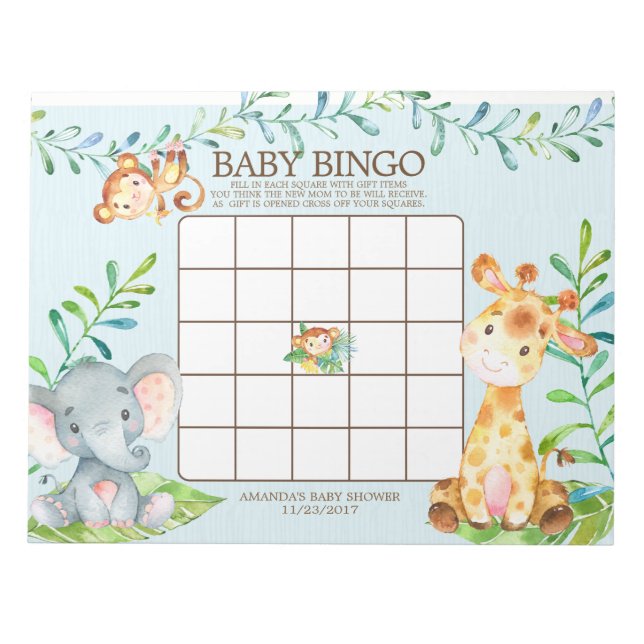 Safari Jungle Baby Shower Bingo Game Notepad (Front)