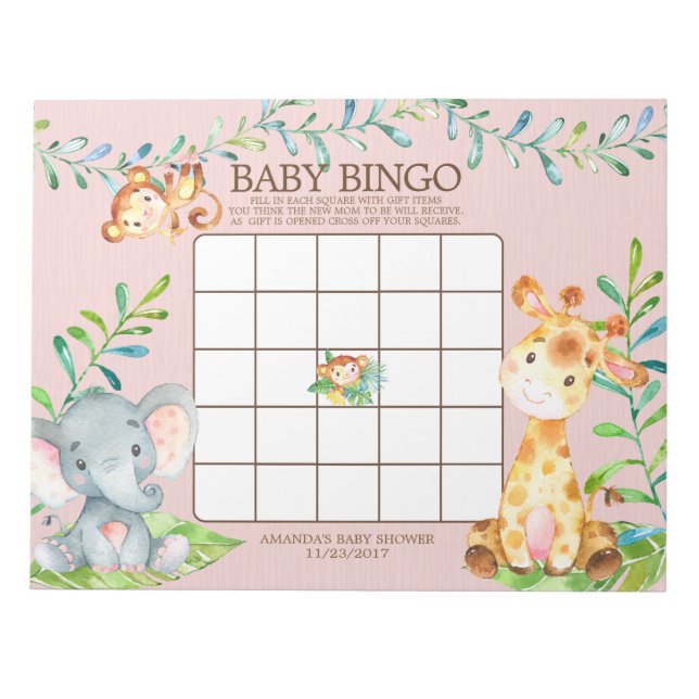 Safari Jungle Baby Shower Bingo Game Notepad (Front)
