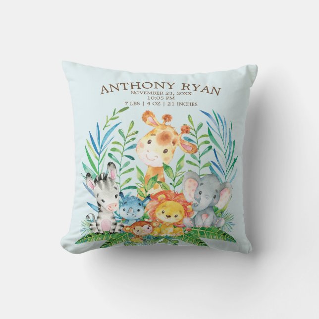 Safari Jungle Boys Birth Stats Pillow (Front)