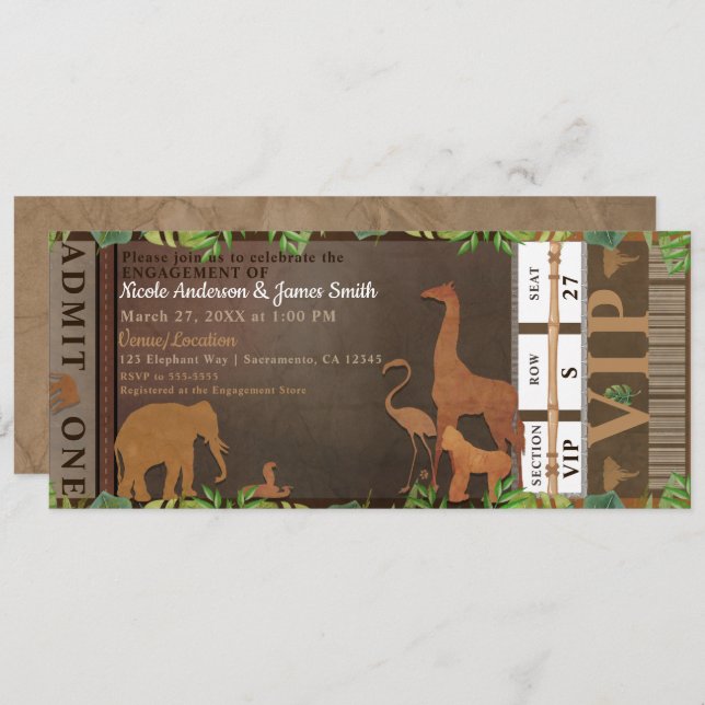Safari Jungle Brown Animals Engagement Ticket Invitation (Front/Back)