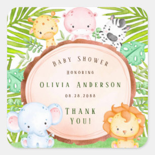 Safari Jungle Cartoon Animals Baby Shower Square Sticker