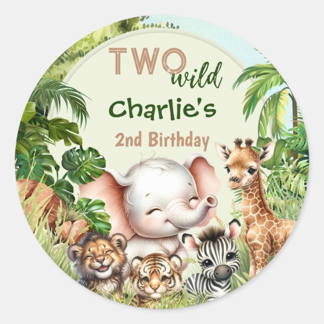 Safari Jungle Cute Animals Two Wild 2nd Birthday Classic Round Sticker (Front)