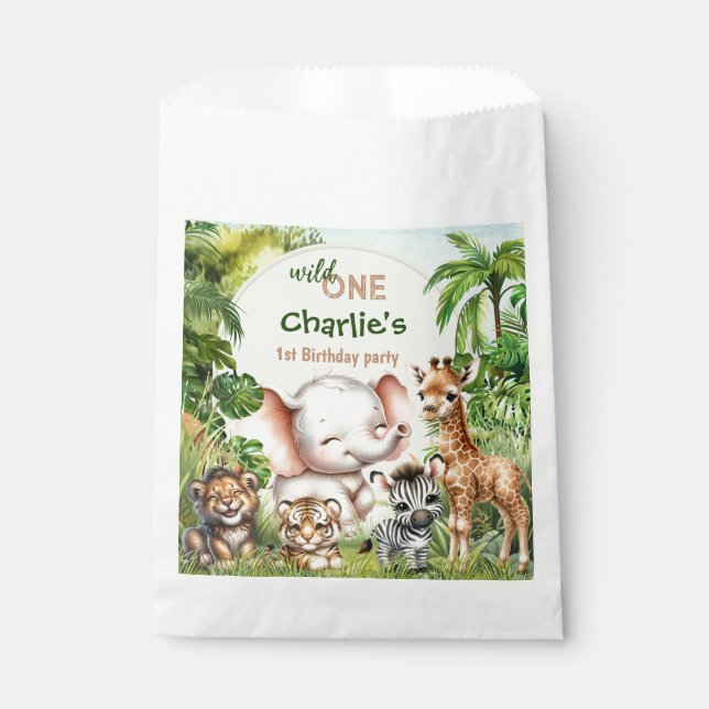 Safari Jungle Cute Animals Wild One 1st Birthday Favour Bag (Front)