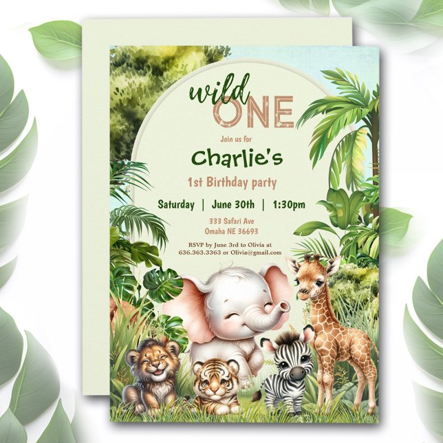 Safari Jungle Cute Animals Wild One 1st Birthday Invitation (Safari Jungle Cute Animals Wild One 1st Birthday Invitation)