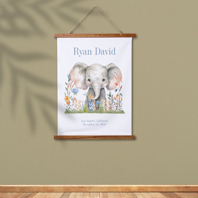 Safari Jungle Cute Elephant Blue Orange Flowers Hanging Tapestry (Safari Jungle Watercolor Elephant Blue Orange Flowers Birthday Poster)