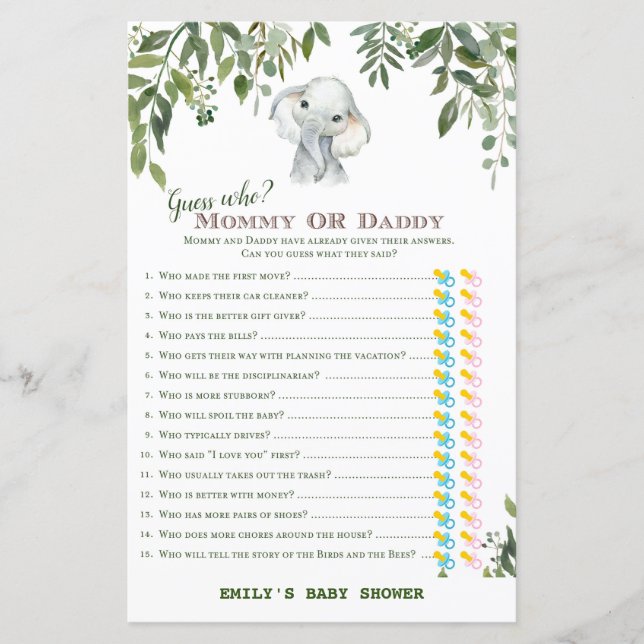 Safari Jungle Elephant Baby Shower Game PRINTED (Front)