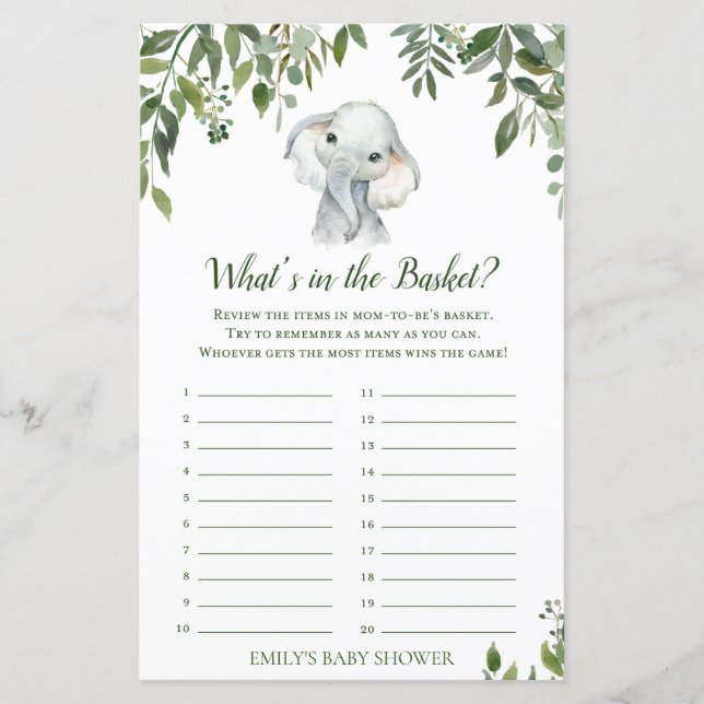 Safari Jungle Elephant Baby Shower Game PRINTED (Front)
