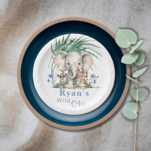Safari Jungle Elephant Blue Flowers Birthday Paper Plate