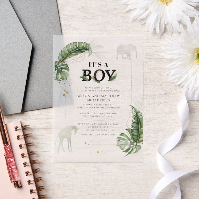 Safari Jungle Elephant Giraffe Boy Baby Shower Vellum Invitations (Wedding)