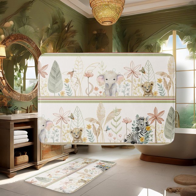 Safari Jungle Foliage Lion Zebra Elephant Baby Boy Bath Mat (Creator Uploaded)