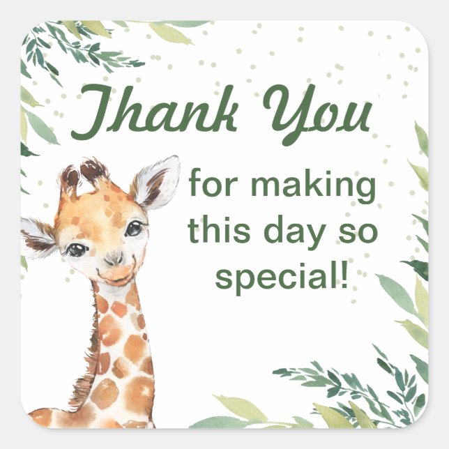 Safari Jungle Giraffe Thank You 1st Birthday Party Square Sticker (Front)