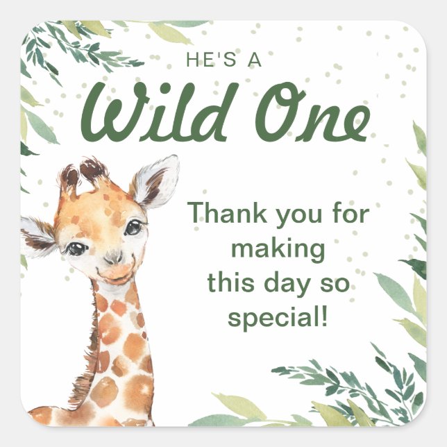 Safari Jungle Giraffe Wild One 1st Birthday Party Square Sticker (Front)