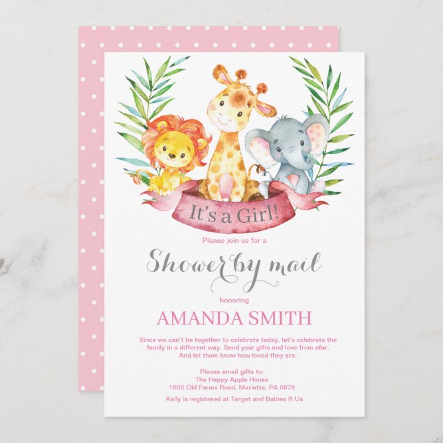 Safari Jungle Girl Baby Shower by Mail Invitation (Front/Back)