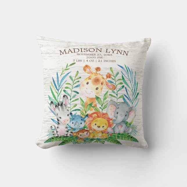 Safari Jungle Girl Boy Birth Stats Pillow (Front)