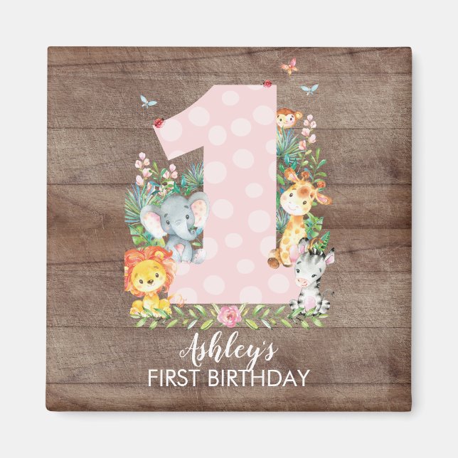 Safari Jungle Girls first Birthday Favour Magnet (Front)