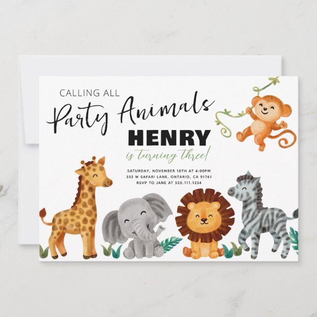 Safari Jungle Party Animals Birthday Invitation (Front)