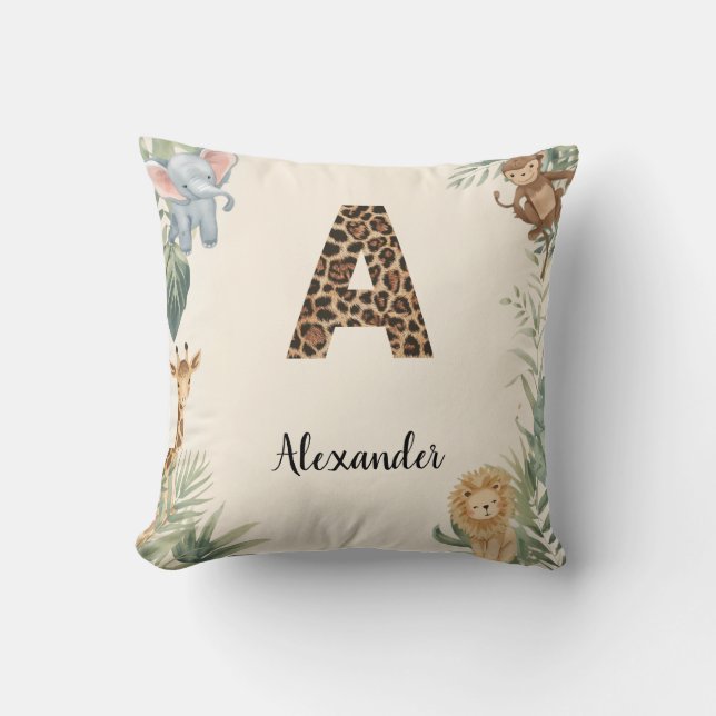 Safari Jungle Personalised Name Monogram A Nursery Cushion (Front)
