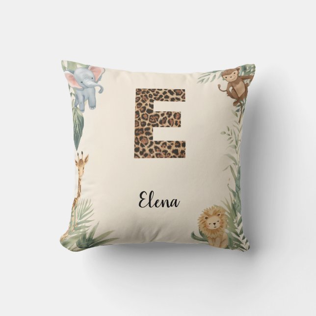 Safari Jungle Personalised Name Monogram E Nursery Cushion (Front)