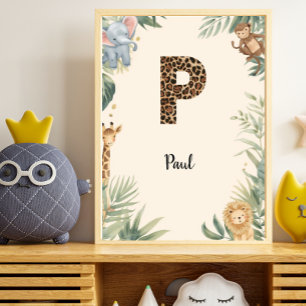 Safari Jungle Personalised Name Monogram P Nursery Poster