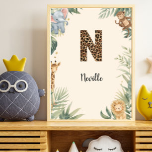 Safari Jungle Personalized Name Monogram N Nursery Poster