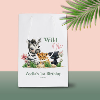 Safari Jungle Zoo Animals Pink Wild One Birthday Medium Gift Bag
