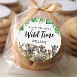 Safari Kids Birthday Thank You Classic Round Sticker<br><div class="desc">Treat your little safari explorer to a unique and original birthday celebration they won't soon forget with these specially designed Safari Kids Birthday Thank You Stickers. Featuring vibrant watercolor zoo animals, lush tropical rainforest foliage, and the saying 'I hope you had a wild time!' personalised with your child's name, these...</div>