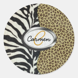 Safari Leopard and Zebra Print Monogram Classic Round Sticker