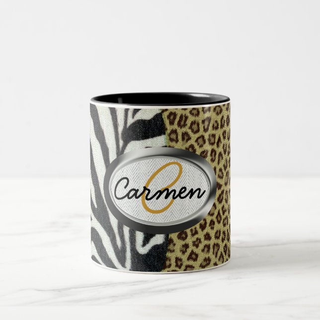 Safari Leopard and Zebra Print Monogram Two-Tone Coffee Mug (Center)