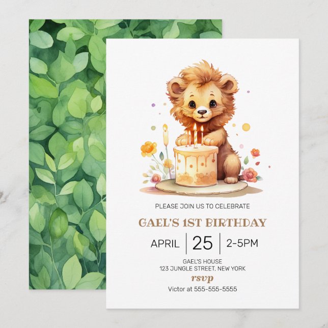 Safari Lion 1st Birthday Invitation (Front/Back)