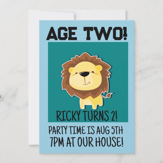SAFARI LION AGE 2 TWO 2ND BIRTHDAY PARTY INVITATION (Front)