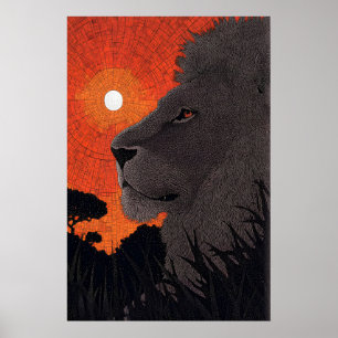 Safari Lion Wall Art, Sunset Silhouette, Orange Poster