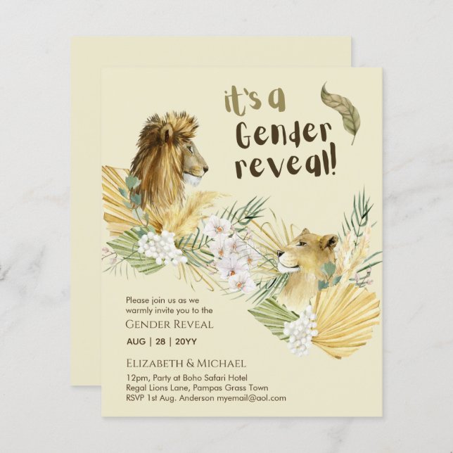 Safari Lions GENDER REVEAL Baby Shower Invitations (Front/Back)