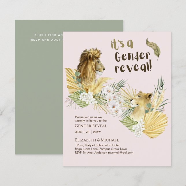 Safari Lions GENDER REVEAL Baby Shower Invitations (Front/Back)