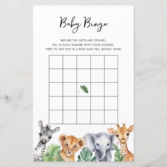 Safari Little Wild One Baby Shower Baby Bingo Card (Front)