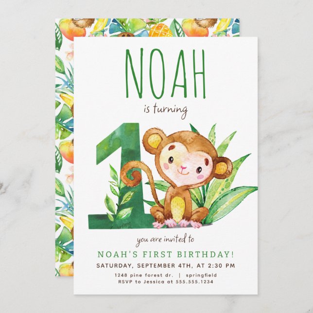 Safari Monkey First Birthday Invitation (Front/Back)