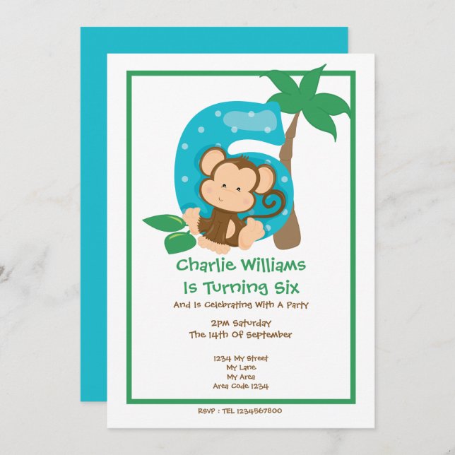Safari Monkey Sixth Birthday Party Invitation (Front/Back)