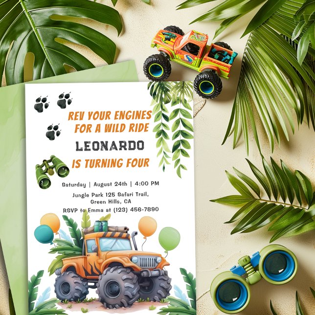 Safari Monster Truck Jungle Adventure Boy Birthday Invitation (Creator Uploaded)