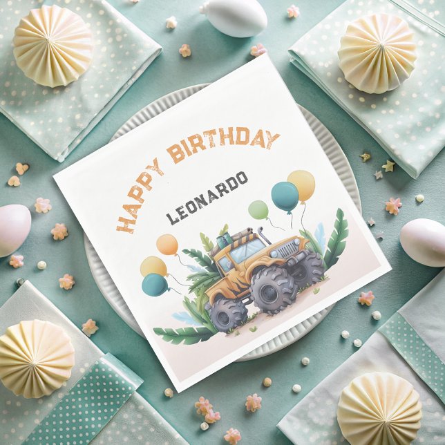 Safari Monster Truck With Balloons Happy Birthday Napkin (Creator Uploaded)