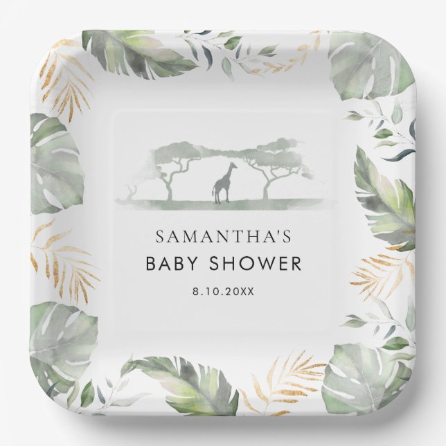 Safari Palm Leaves Giraffe Baby Shower Paper Plate (Front)