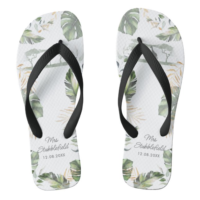 Safari Palm Leaves Honeymoon Botanical Script Mrs Thongs (Footbed)