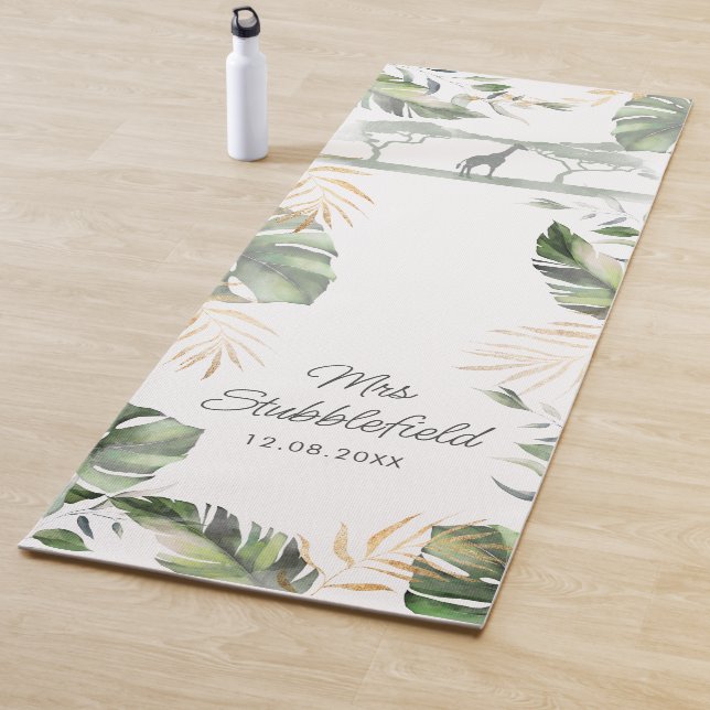 Safari Palm Leaves Newlywed Botanical Script Mrs Yoga Mat (In Situ)
