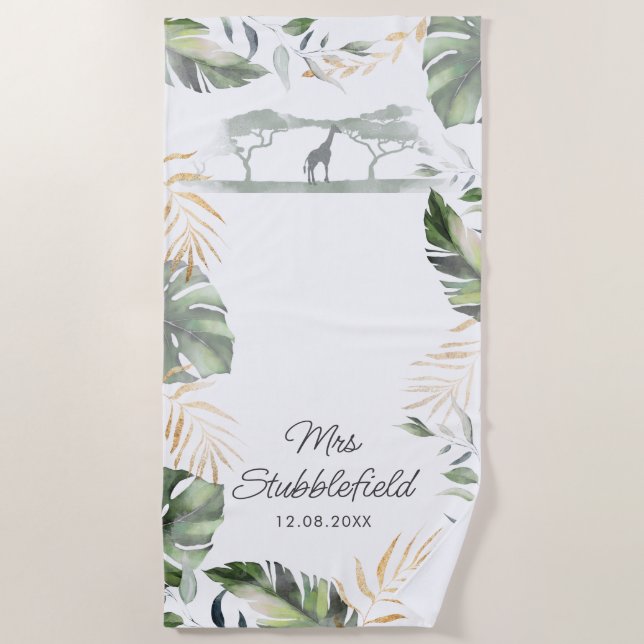 Safari Palm Leaves Newlyweds Script Mrs Beach Towel (Front)