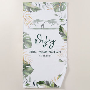 Safari Palm Leaves Tropical Wifey Script Honeymoon Beach Towel