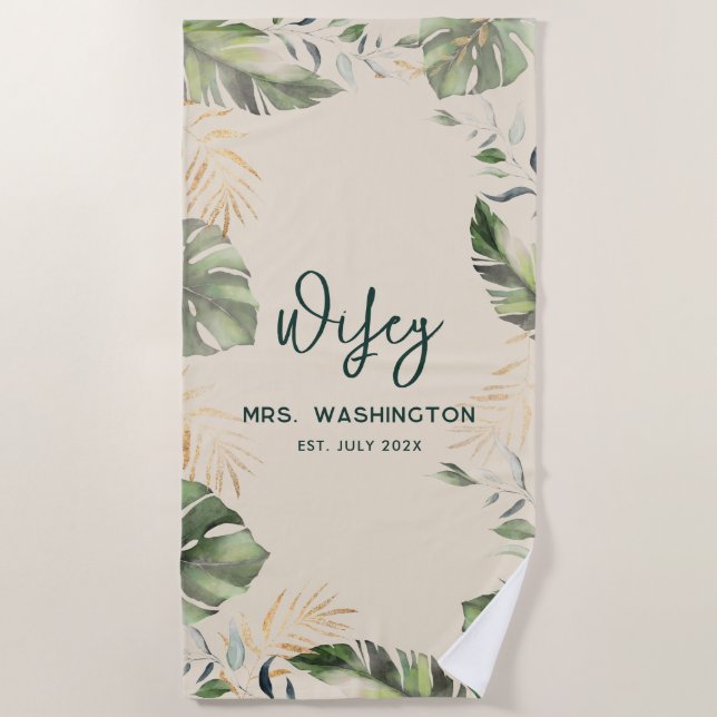 Safari Palm Leaves Tropical Wifey Script Honeymoon Beach Towel (Front)