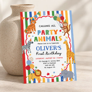 Safari Party Animals 1st Birthday Colorful Stripes Invitation