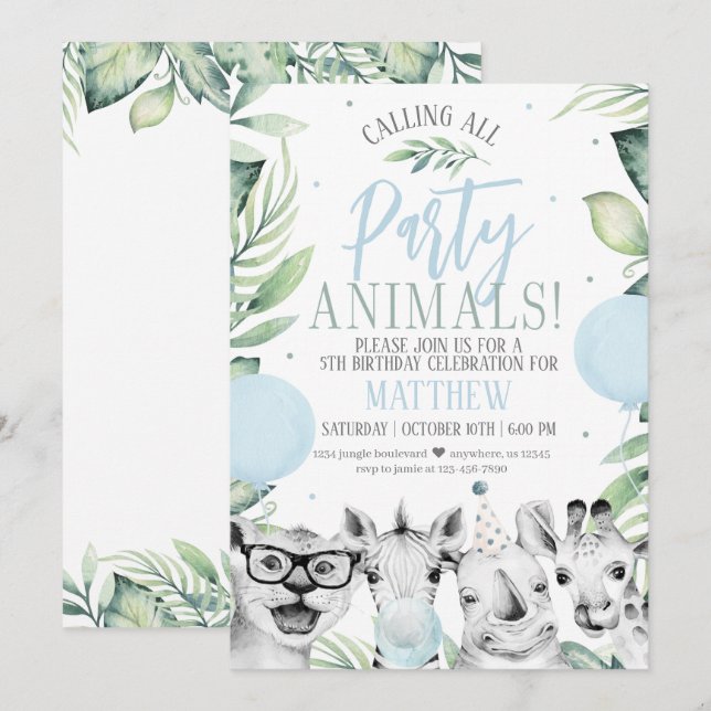 Safari Party Animals Birthday Invitation for a Boy (Front/Back)