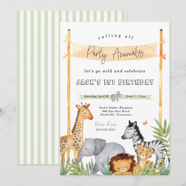 Safari Party Animals Birthday Party Invitation (Front/Back)