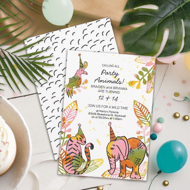 Safari Party Animals Hand Drawn Kid Joint Birthday Invitation (Creator Uploaded)