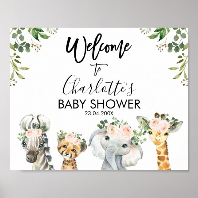 Safari Pink Floral Baby Shower Welcome Poster (Front)